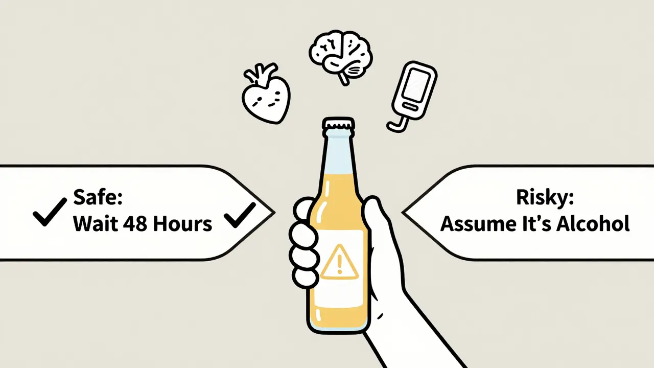 Person choosing between safe and risky paths with medical icons above, holding kombucha bottle