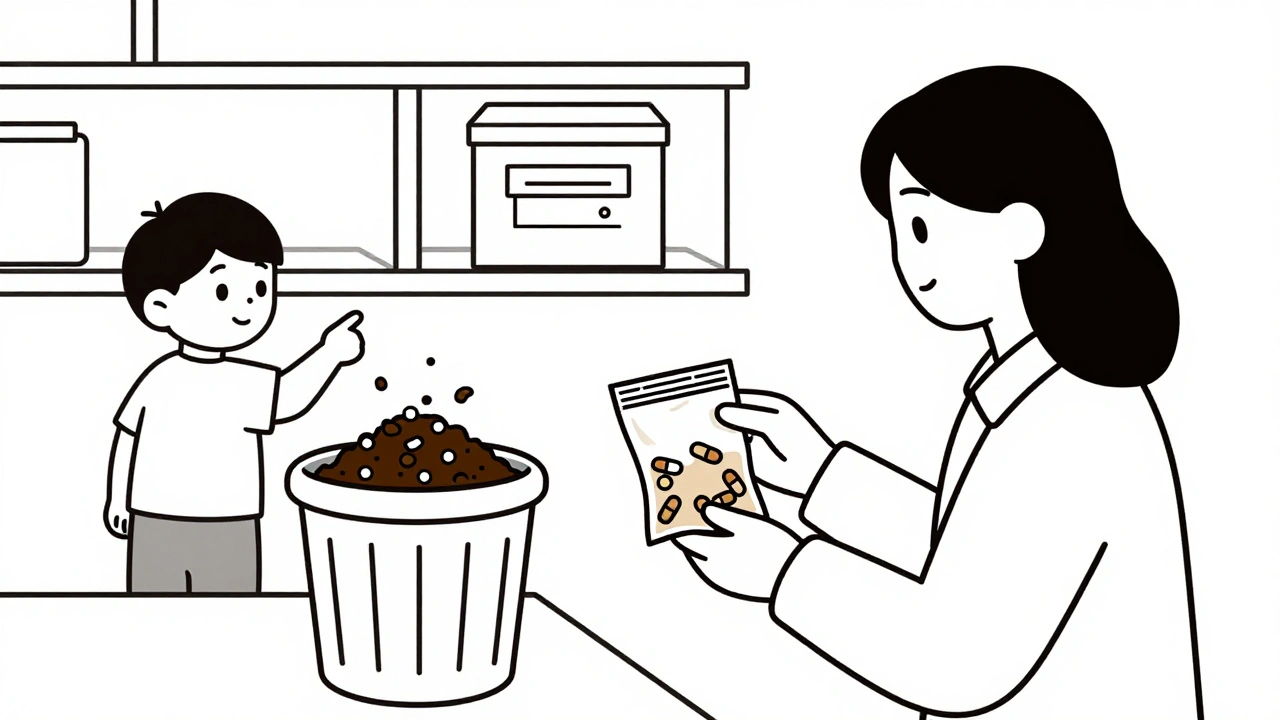 Person dropping expired meds at pharmacy, with safe disposal method shown in background.