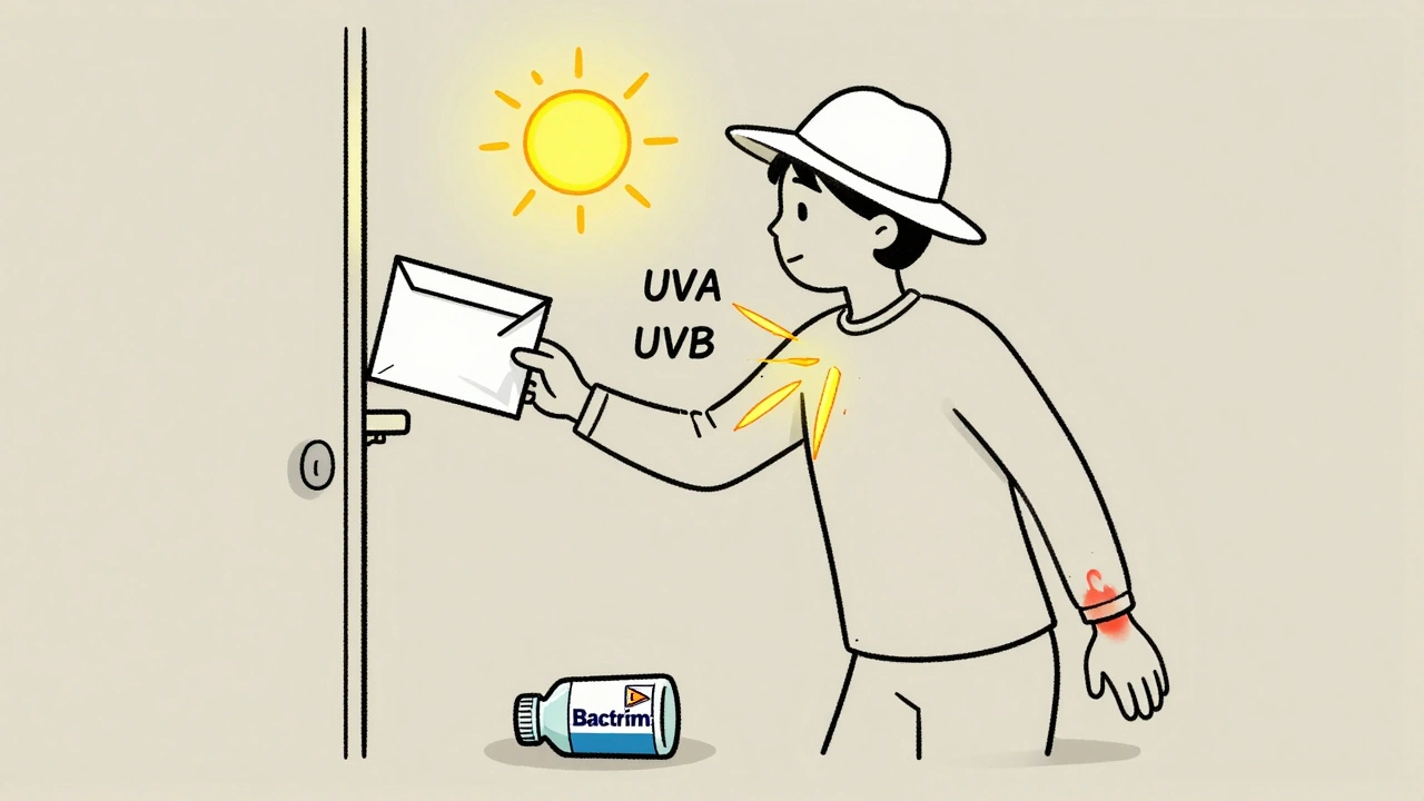 Person grabbing mail with sun protection gear, exposed to UVA and UVB rays after taking Bactrim