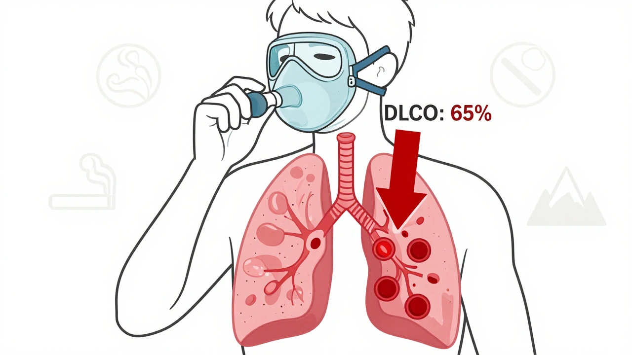 Person holding breath during DLCO test, with carbon monoxide absorption shown in lung alveoli and low DLCO indicator.