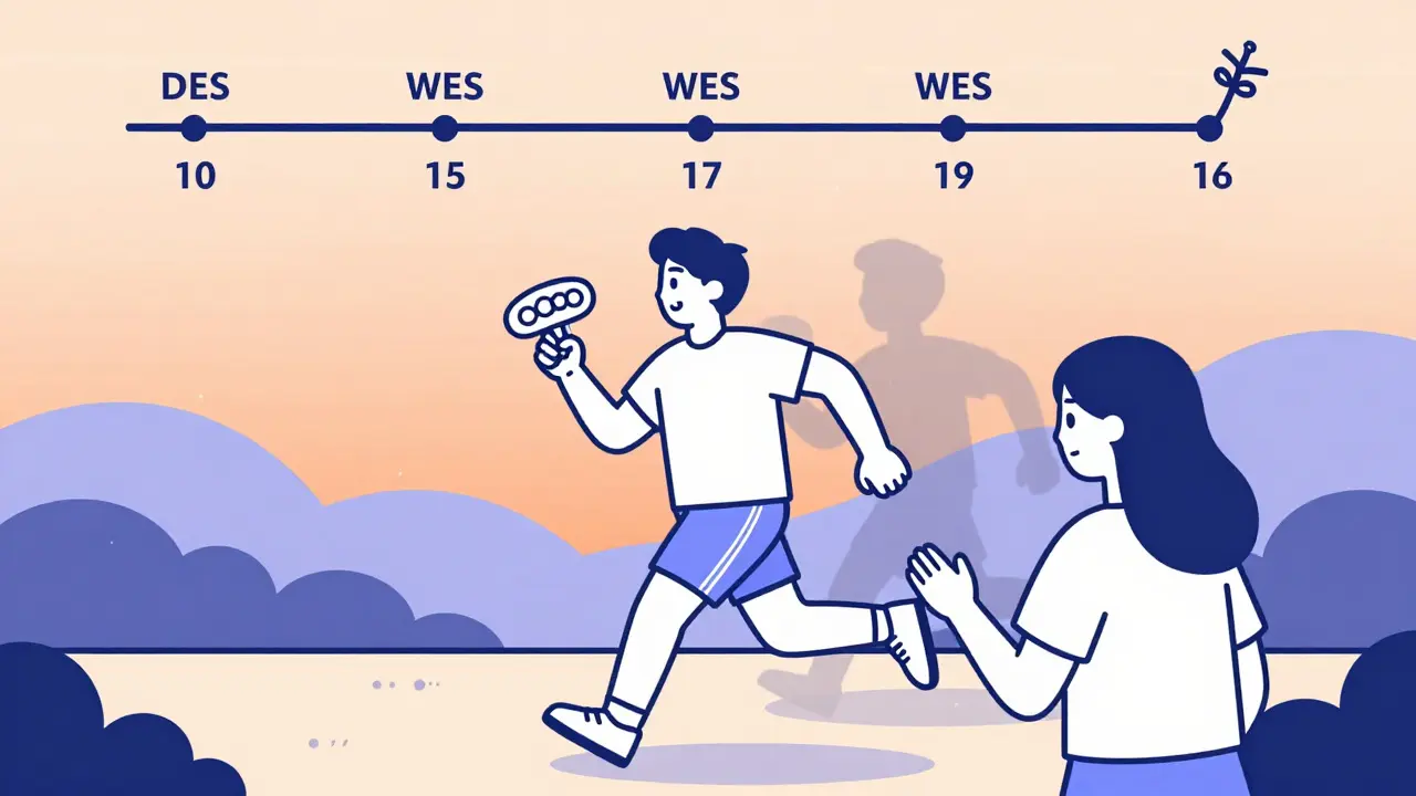 Person jogging in park with kidney-shaped pill organizer, shadow of past dialysis fading behind.