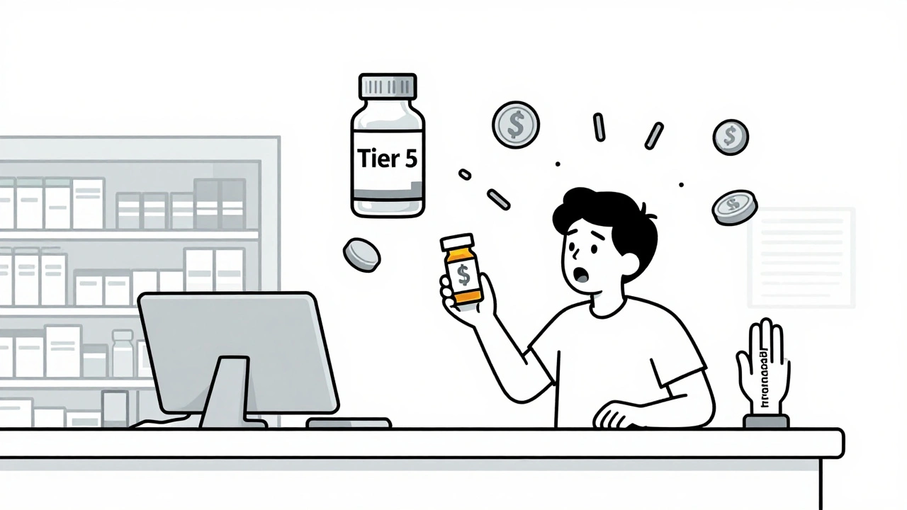 Person shocked by high cost of specialty drug, coins raining down, financial aid hand reaching up