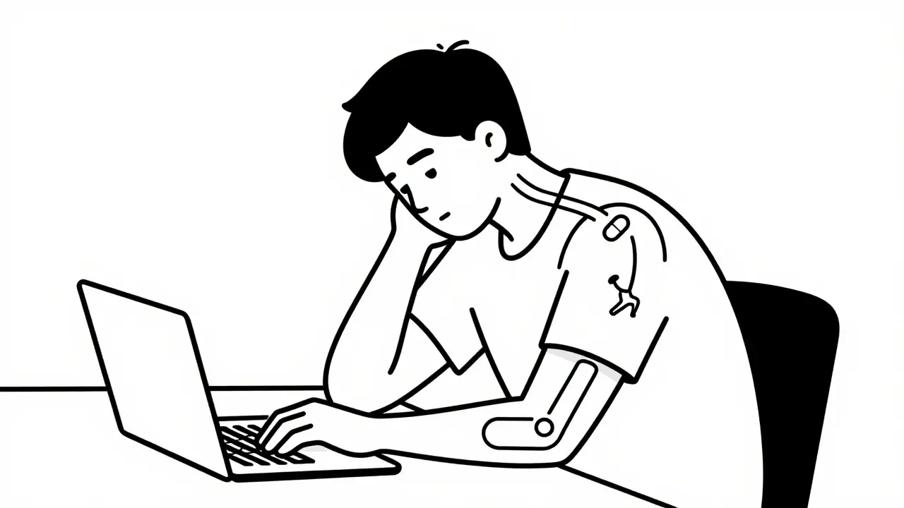 Person with poor posture at desk, showing muscle tension pathways to arm and jaw.