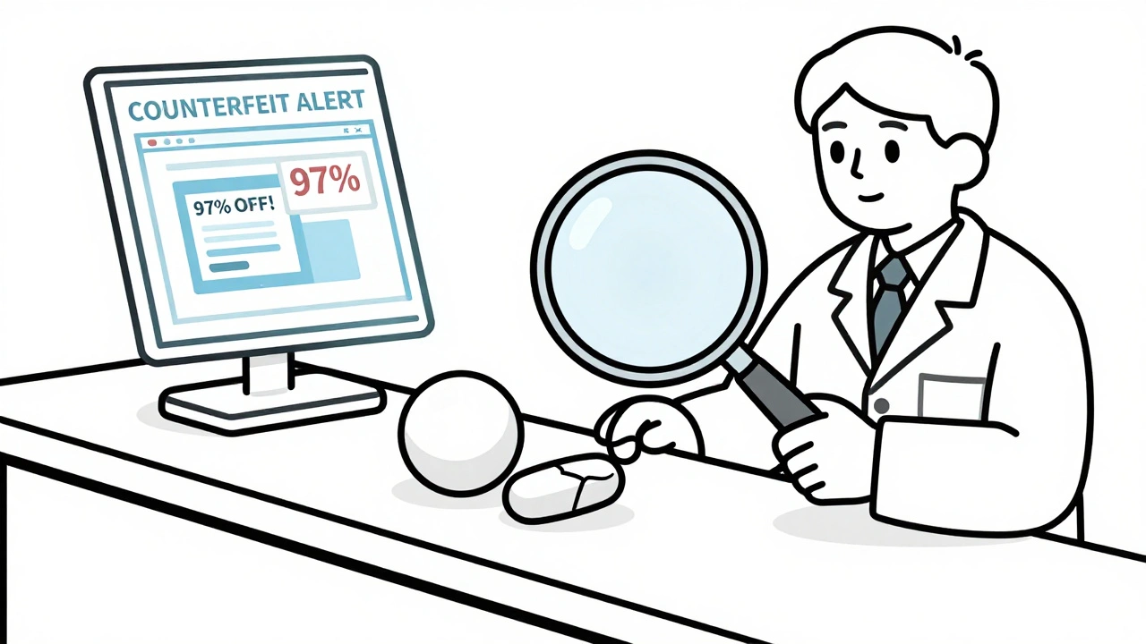 Pharmacist examining two pills side by side under magnification, with a fake website in the background.