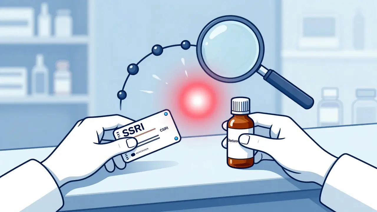 Pharmacy counter scene with two hands reaching for SSRIs and cough syrup, hidden serotonin reaction