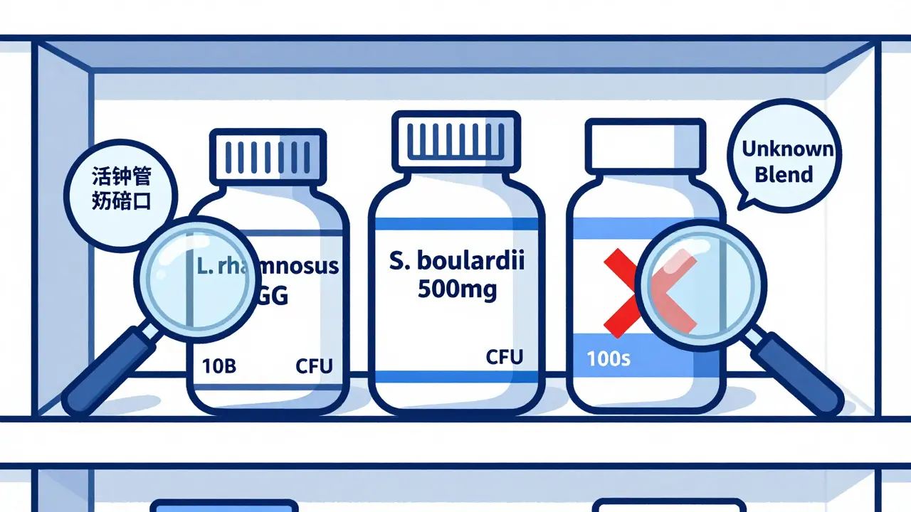 Pharmacy shelf comparing proven probiotic strains versus an unverified blend with red X mark.