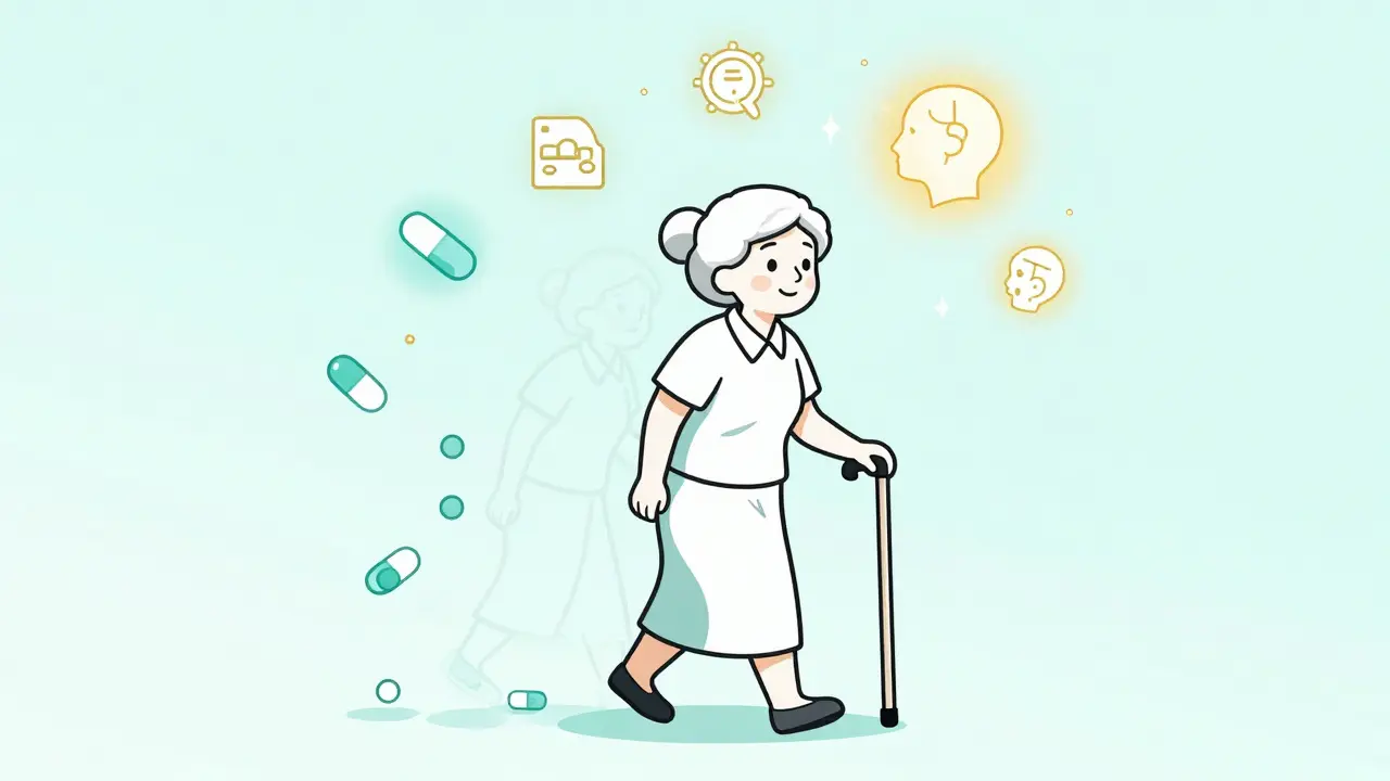 Senior walking forward as dangerous pills fade away, replaced by symbols of health.