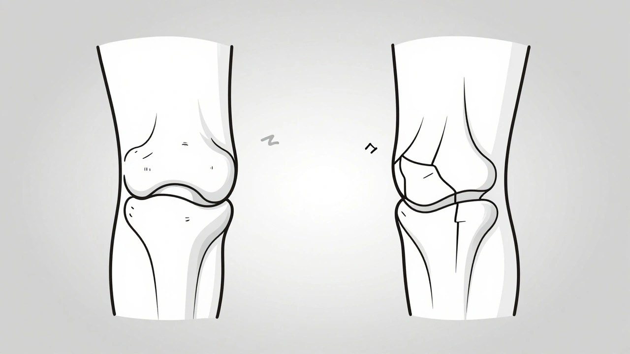 Side-by-side knee cross-sections showing intact vs. torn meniscus