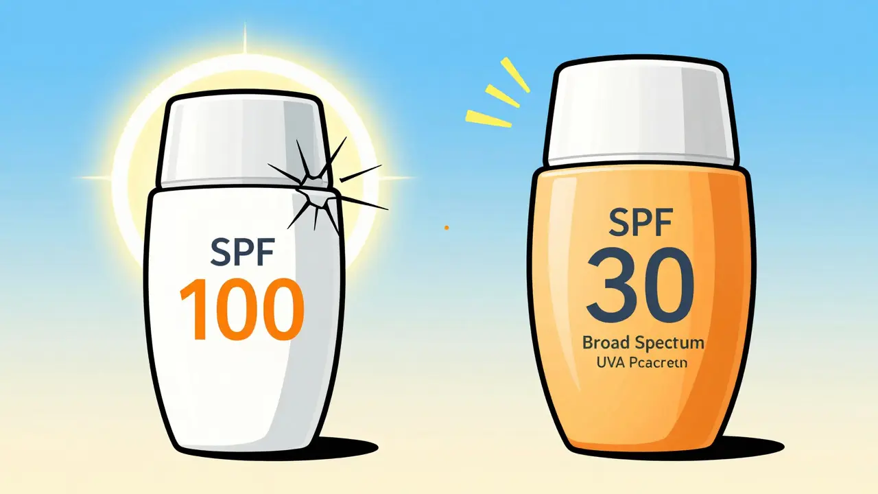 SPF 30 broad spectrum sunscreen blocking UV rays vs. misleading SPF 100 bottle.