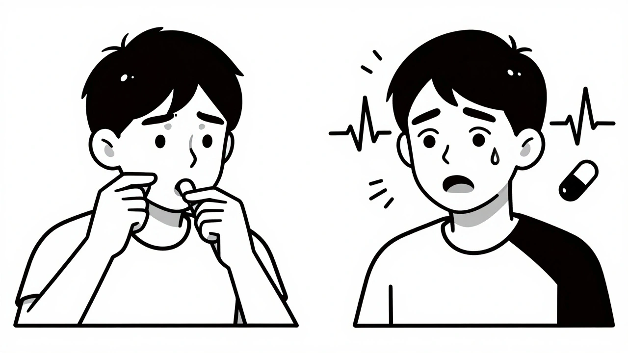 Split image showing normal vs. dangerous reactions to a fake pill, with physical symptoms illustrated as lines.