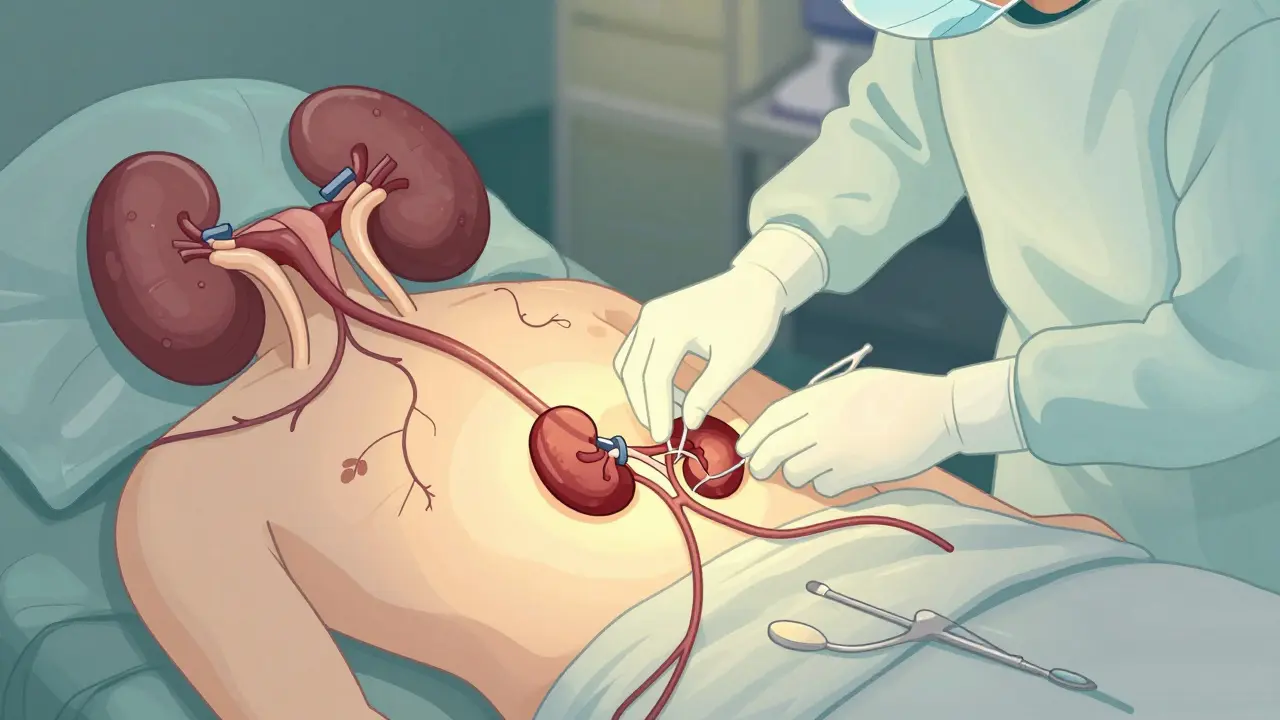 Surgeon placing a glowing new kidney into a patient's abdomen with connected blood vessels.