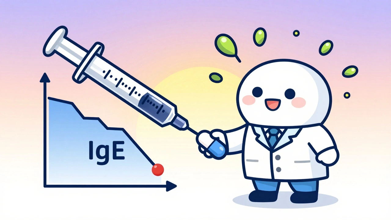 Syringe and pill shaking hands as IgE levels drop and allergens retreat