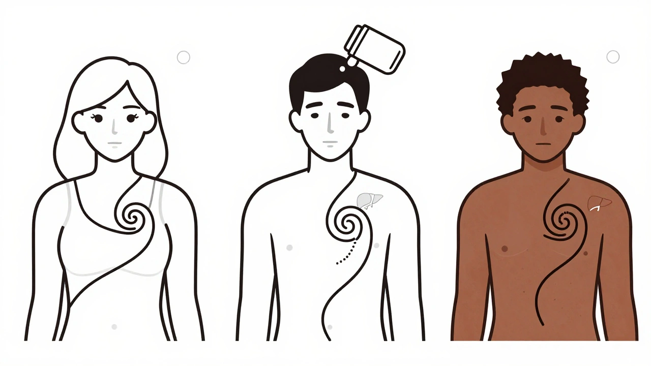 Three diverse individuals with itch spirals triggered by medications, illustrated through continuous monoline paths.