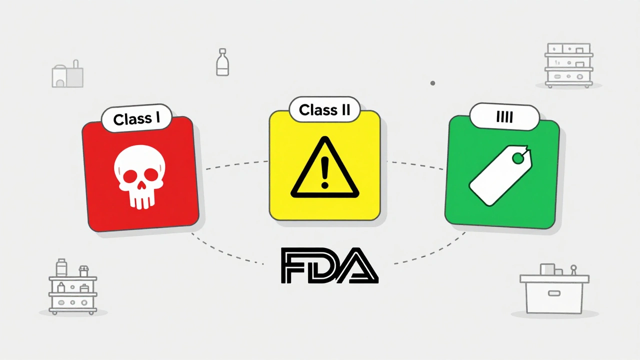 Three recall classes represented as labeled boxes with risk symbols, connected to FDA logo.