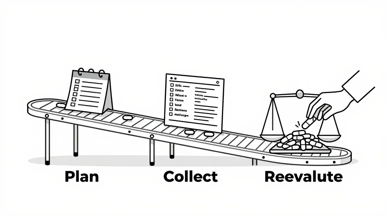 Three-step conveyor belt showing drug safety surveillance phases: Plan, Collect, and Reevaluate with data and labels.