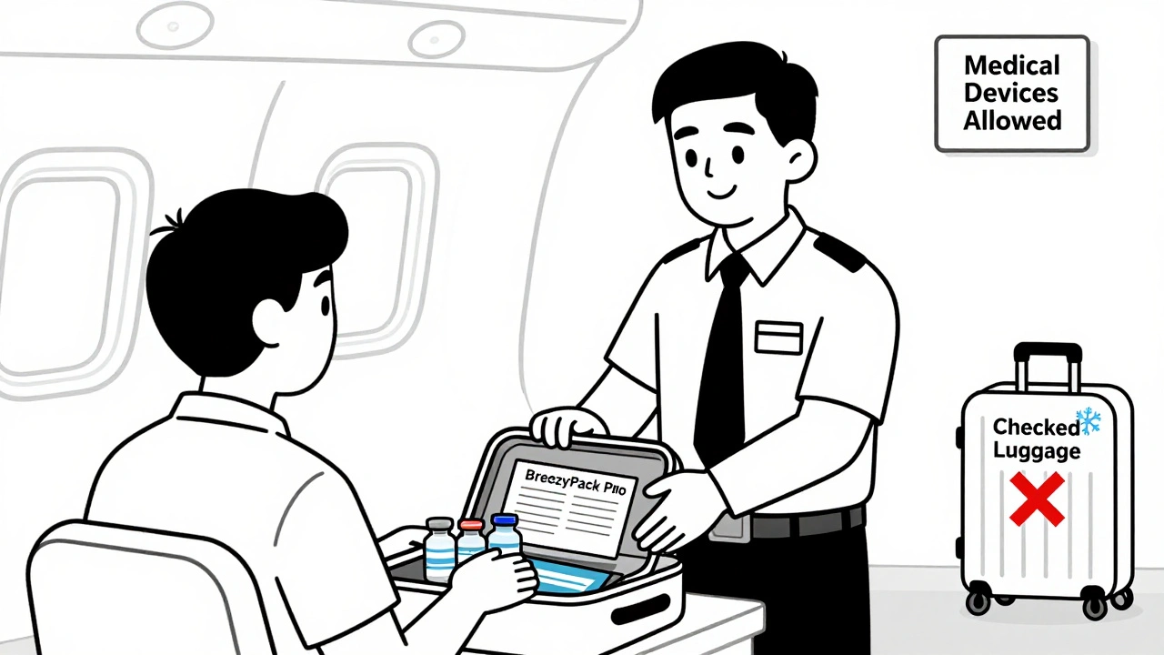 TSA agent inspecting medical supplies with approved cooling device in carry-on