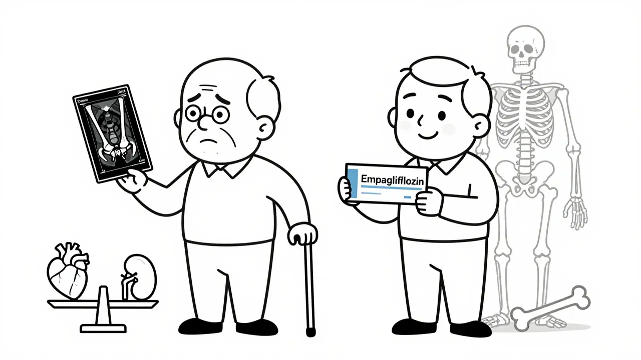 Two elderly people comparing bone health with different diabetes medications.