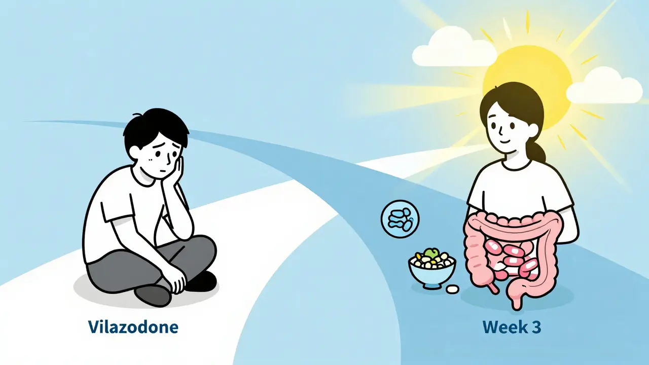Two paths showing the outcome of quitting vs. persisting with vilazodone treatment