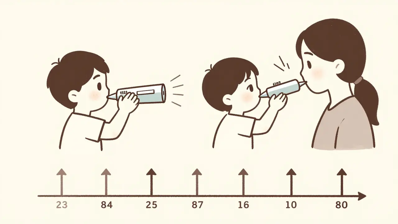 A child and adult using peak flow meters together with a timeline showing personal best changes over time.