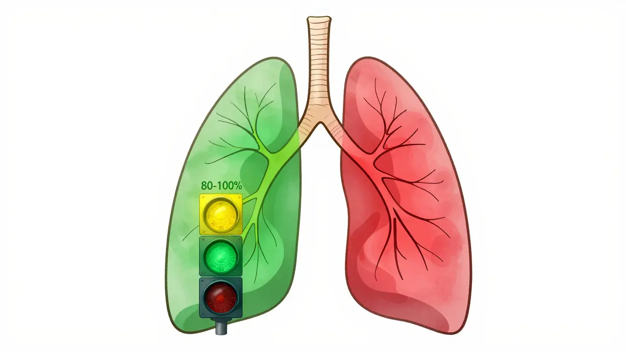 A lung diagram with green, yellow, and red zones representing asthma control levels.