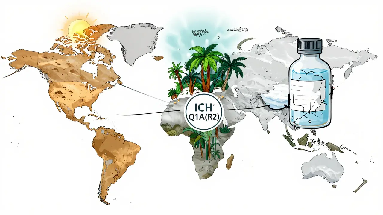 A medicine bottle traveling across climate zones, showing stress marks from heat, humidity, and cold on its journey.
