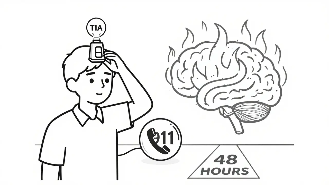 A person ignoring a brain fire alarm while a bigger fire approaches, with 911 icon nearby.