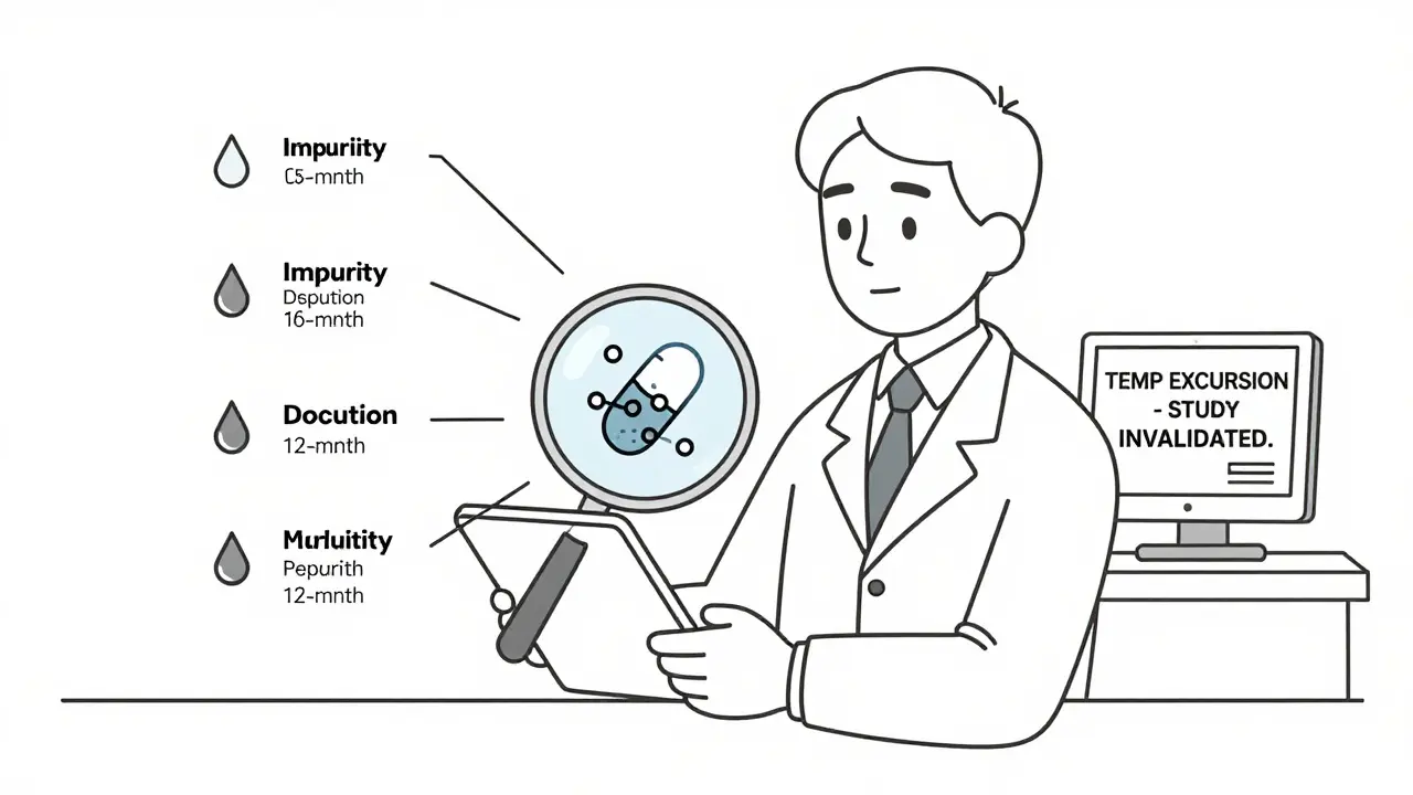 A scientist examining a tablet as its molecules break down, with data points indicating stability failures at key time intervals.