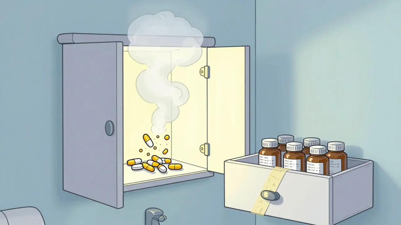 Bathroom cabinet with degraded pills vs. bedroom drawer with properly stored medication.