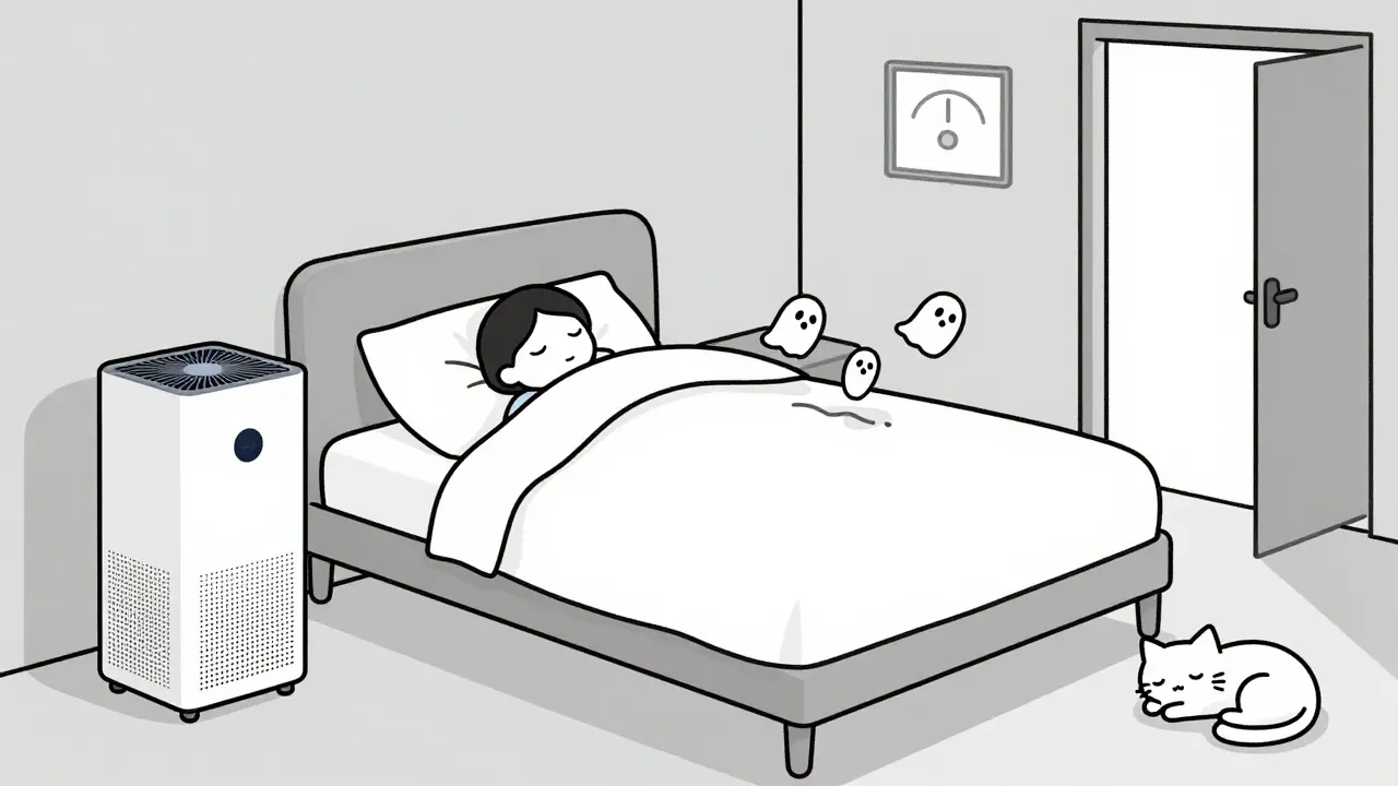 Bedroom with allergen-proof bedding, HEPA purifier, and cat kept out, dust mites escaping.