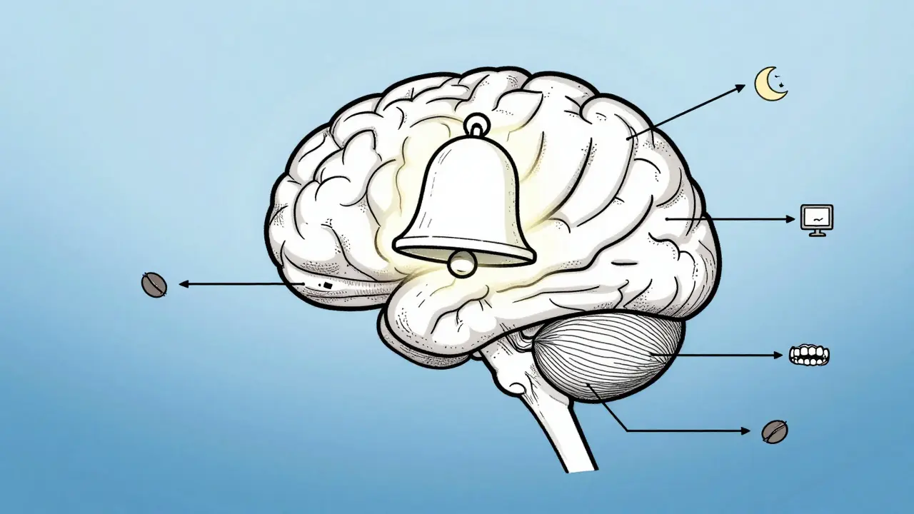 Brain with alarm bell ringing, receiving signals from eyes, jaw, and neck in simple line art.