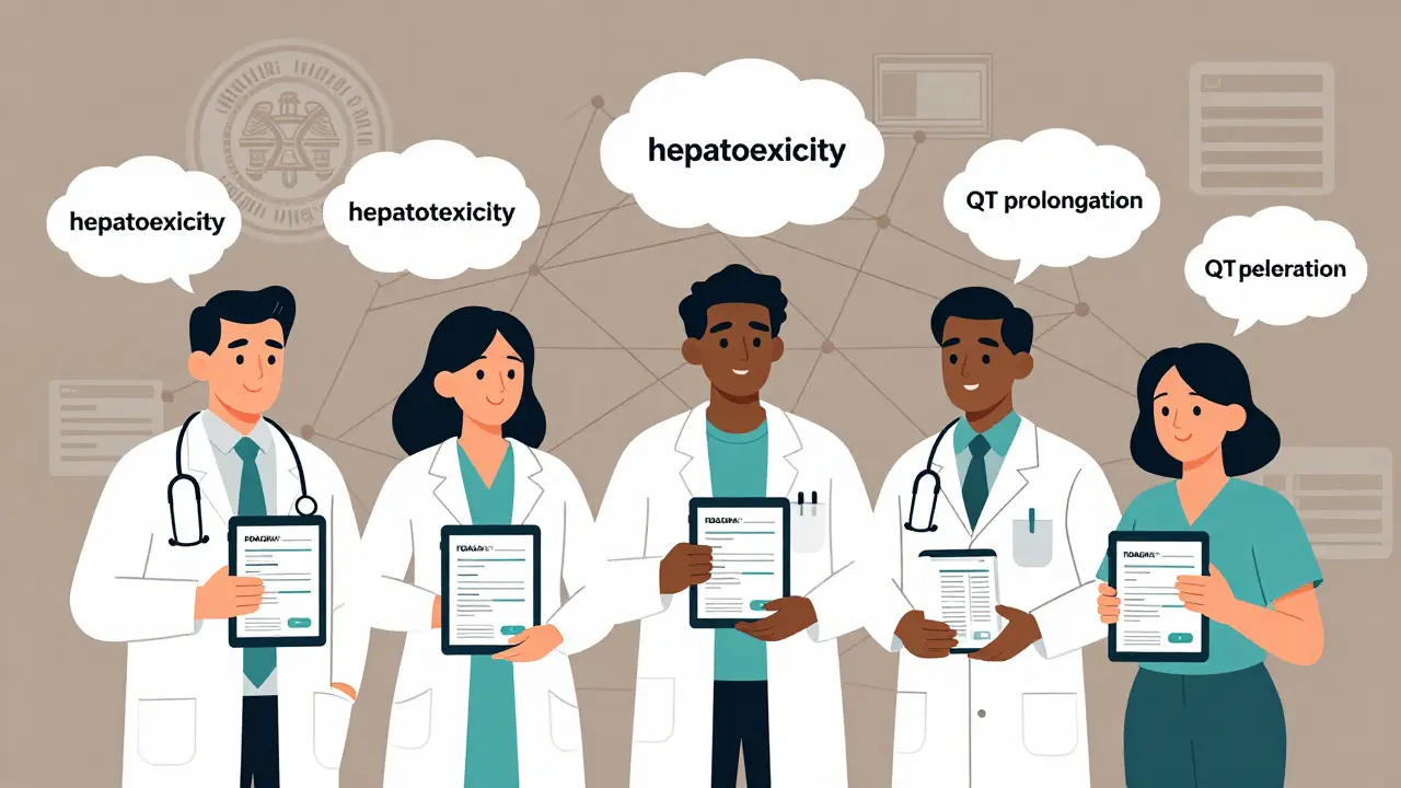 Diverse professionals using tablets to search FDALabel, with medical terms rising as thought bubbles.