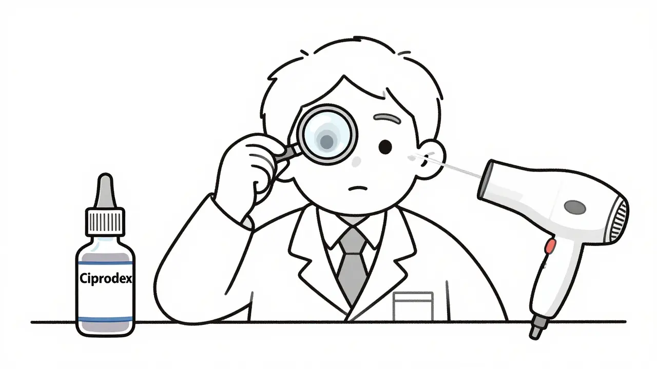 Doctor cleaning ear canal with scope and swab, ear wick visible inside.