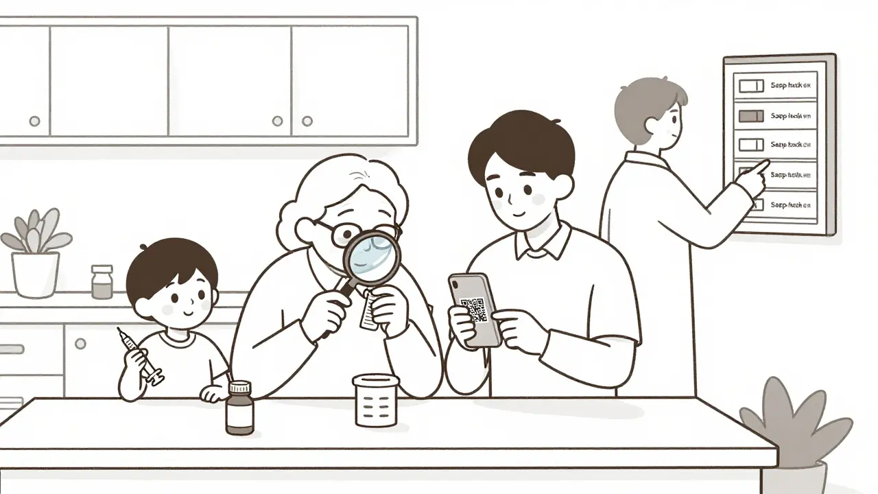 Family using 5-Point Check method with medicine, syringe, magnifier, and QR code scan at kitchen counter.