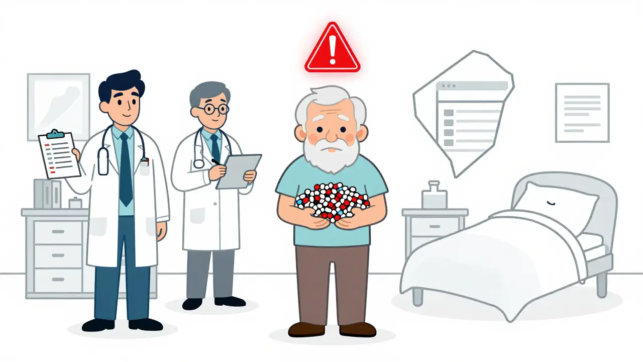 Fragmented care: multiple doctors prescribing to one senior with no coordination.