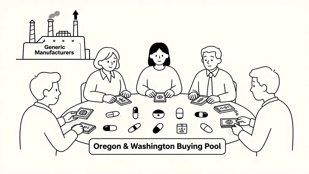 Multiple states collaborating in a buying pool to negotiate lower prices for essential generic drugs.