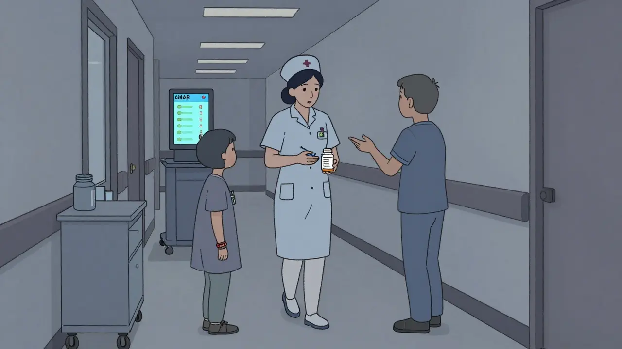 Nurse and family member in nursing home hallway, one stopping medication administration due to expired pill.