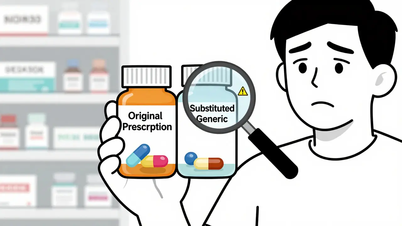 Patient comparing two pill bottles with mismatched contents, magnifying glass revealing extra unapproved pill.