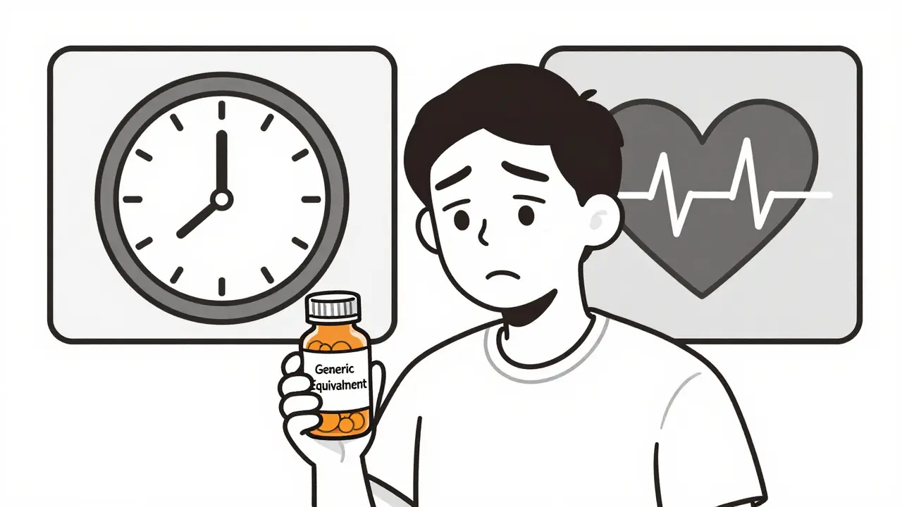 Patient confused by generic label while a clock and heart monitor show opposing outcomes.