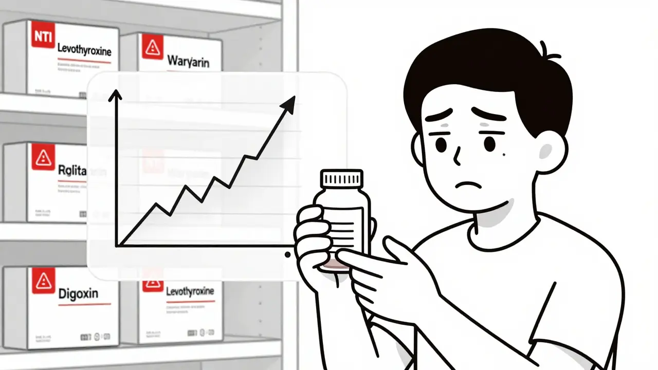 Patient holding a pill bottle while a graph shows unstable blood levels after switching generic manufacturers.