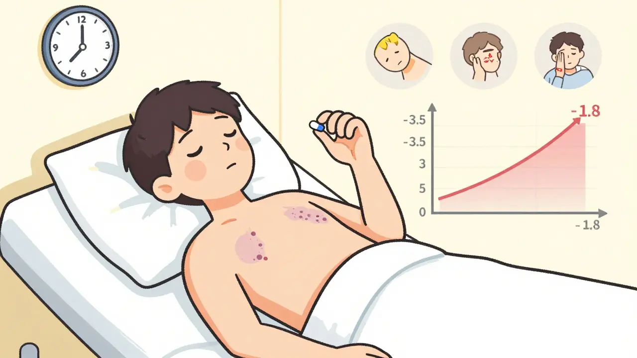 Patient recovering after Cushing’s surgery, with fading symptoms and rising bone density chart in background.