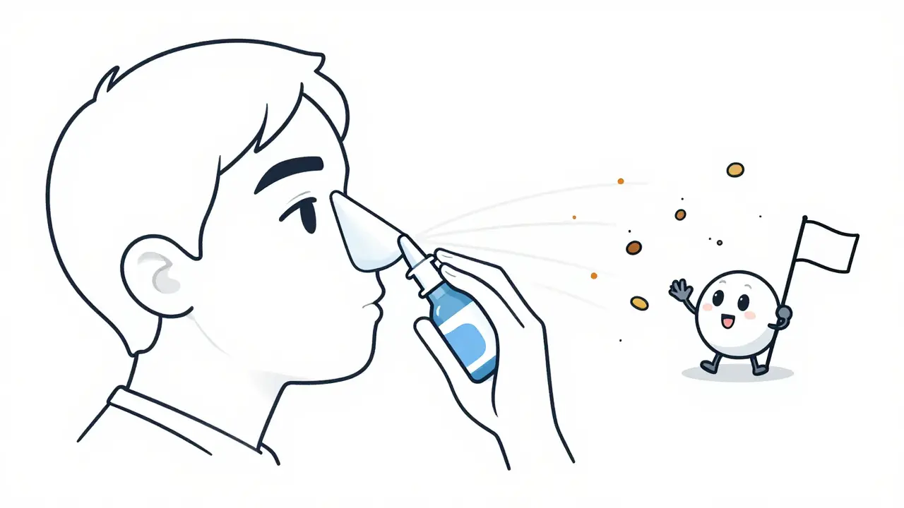 Person correctly using nasal spray, immune system surrendering to reduced allergens.