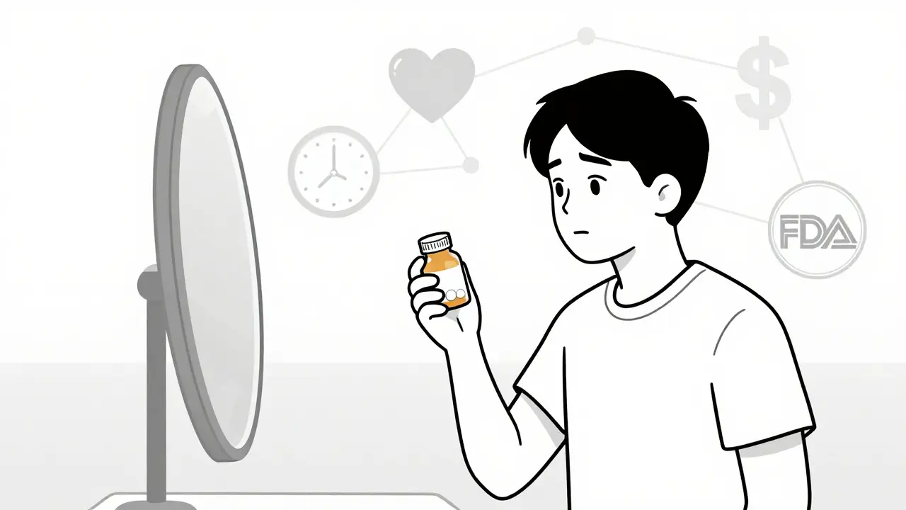 Person holding a pill bottle surrounded by icons of health, time, savings, and FDA approval.