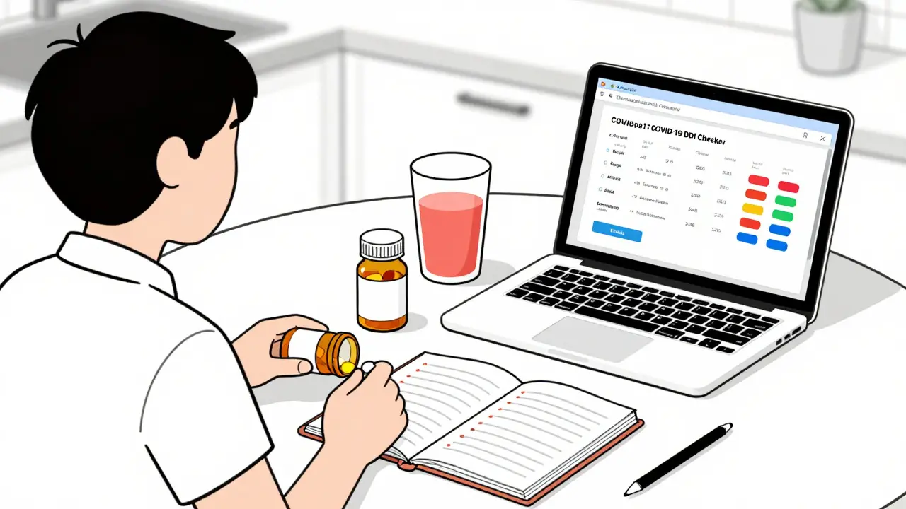 Person reviewing medications at home with a laptop showing a drug interaction checker and grapefruit juice nearby.
