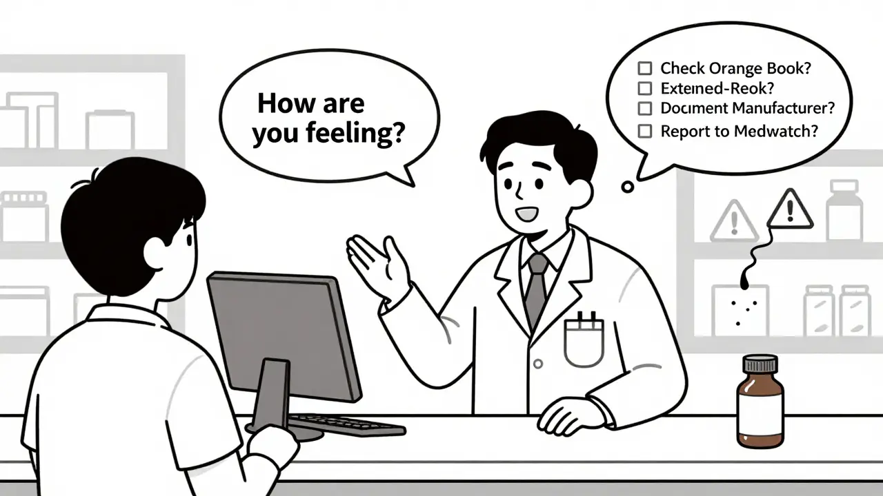 Pharmacist asking a patient about their symptoms, with a mental checklist for safe generic dispensing.