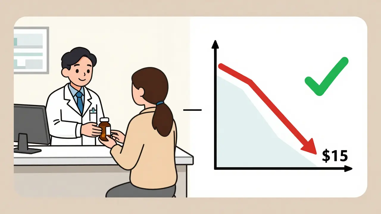 Pharmacist giving a generic pill bottle with a sharp cost savings graph.