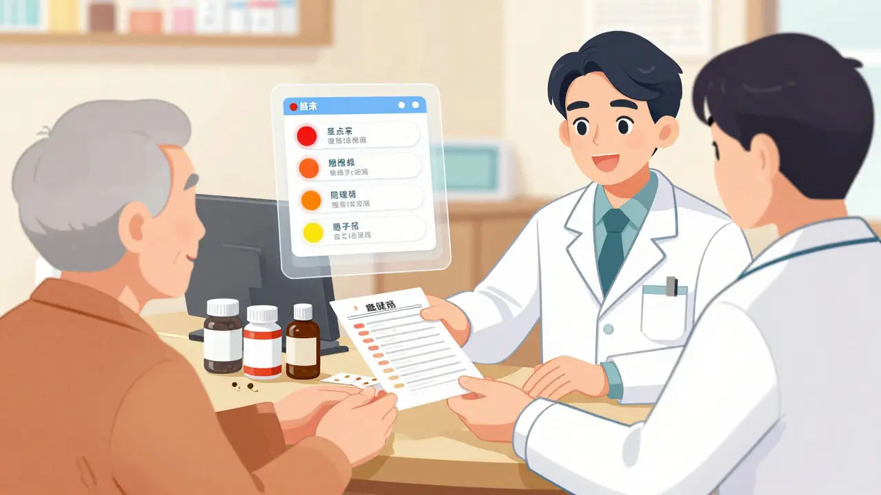 Pharmacist giving a medication list to an elderly patient with digital interaction alerts visible above.