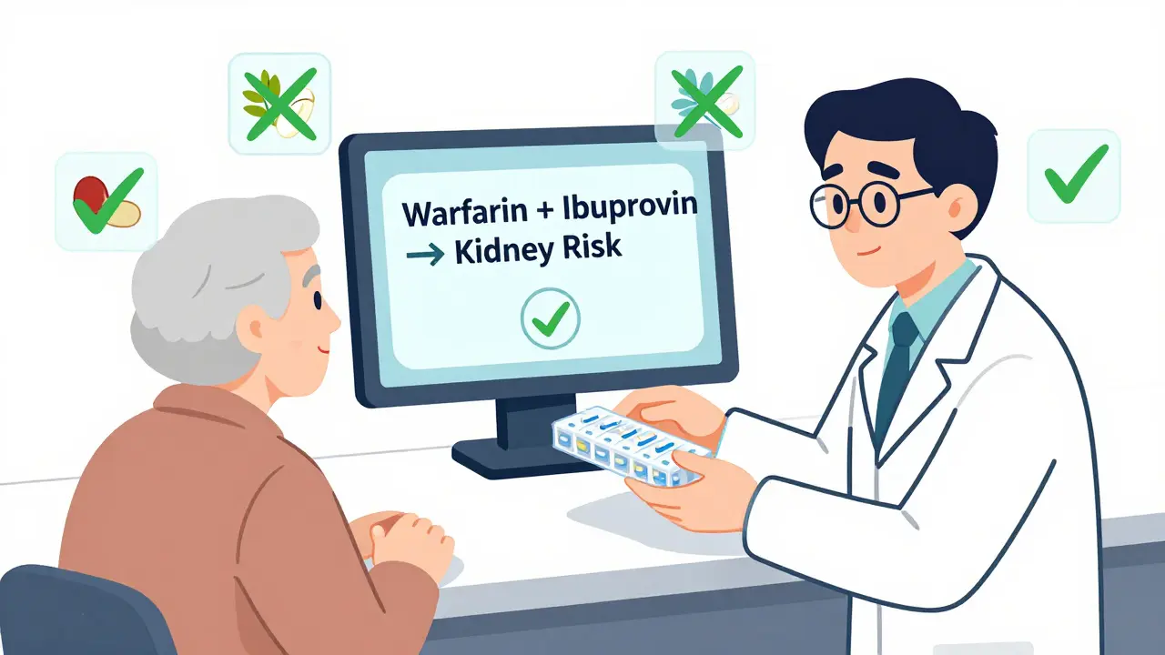 Pharmacist giving a pill organizer to senior while interaction alerts appear on screen.