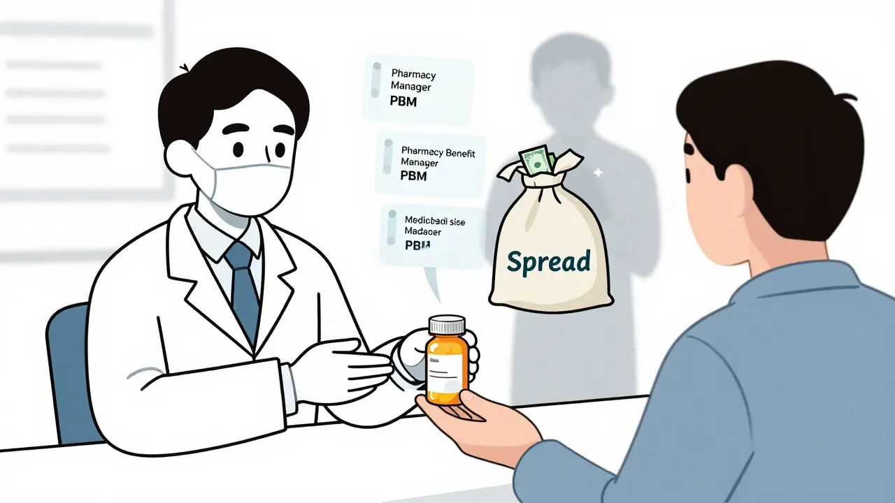Pharmacist giving generic medication to patient while hidden PBM fees are revealed through transparent pricing labels.