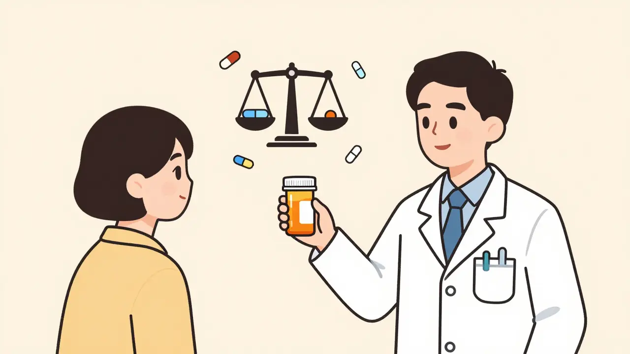 Pharmacist handing prescription with balanced brand and generic pill icons above.