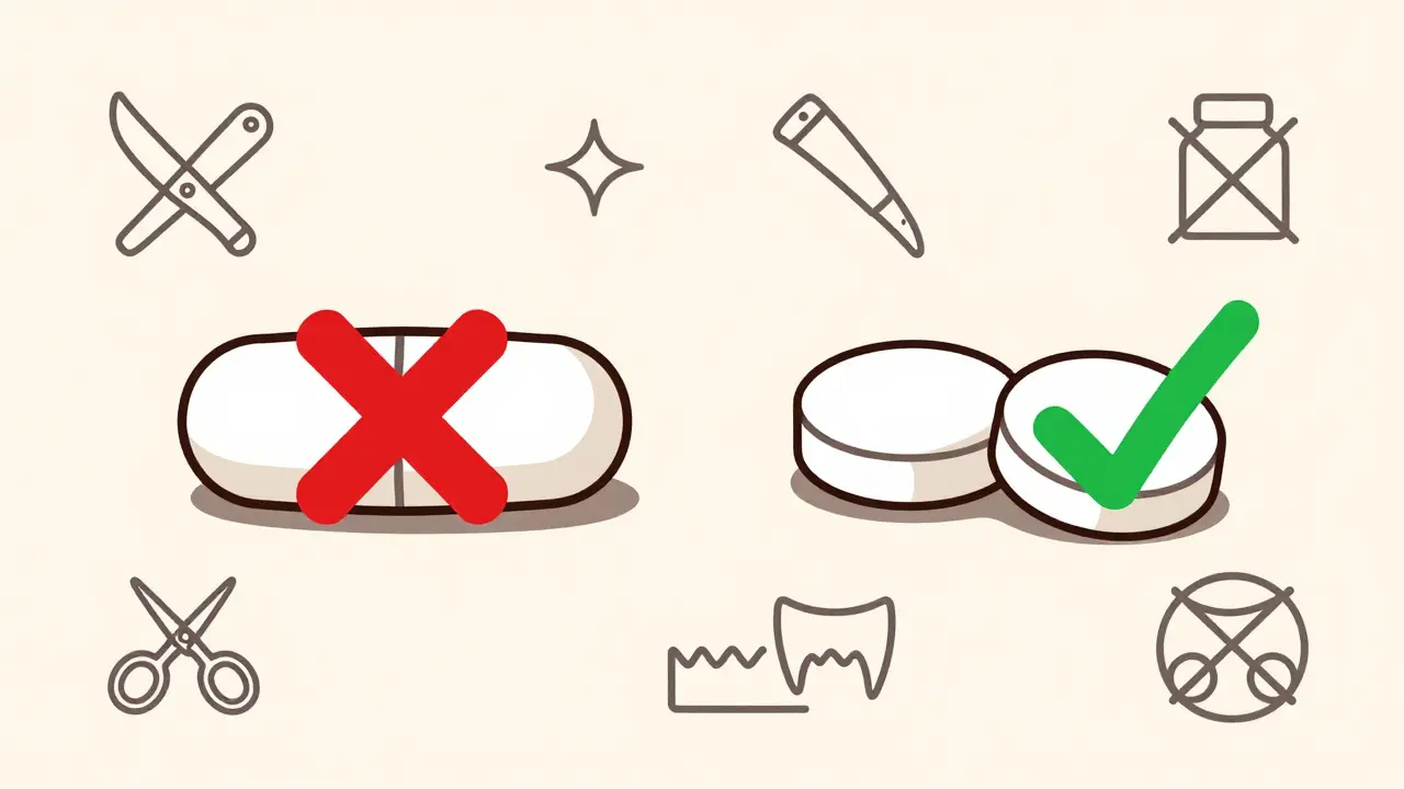 Safe vs unsafe pill splitting with crossed-out tools and symbols.